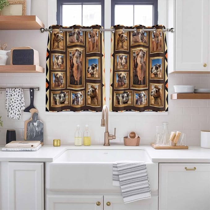 2 Panel Kitchen Cafe Curtains, Wildlife Camels Sunlight Filtering Nature Air - Image 2