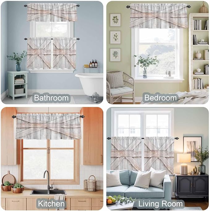 Kitchen Window Curtains Valance and Tier Set, Farmhouse Retro Wooden Barn Rod - Image 7