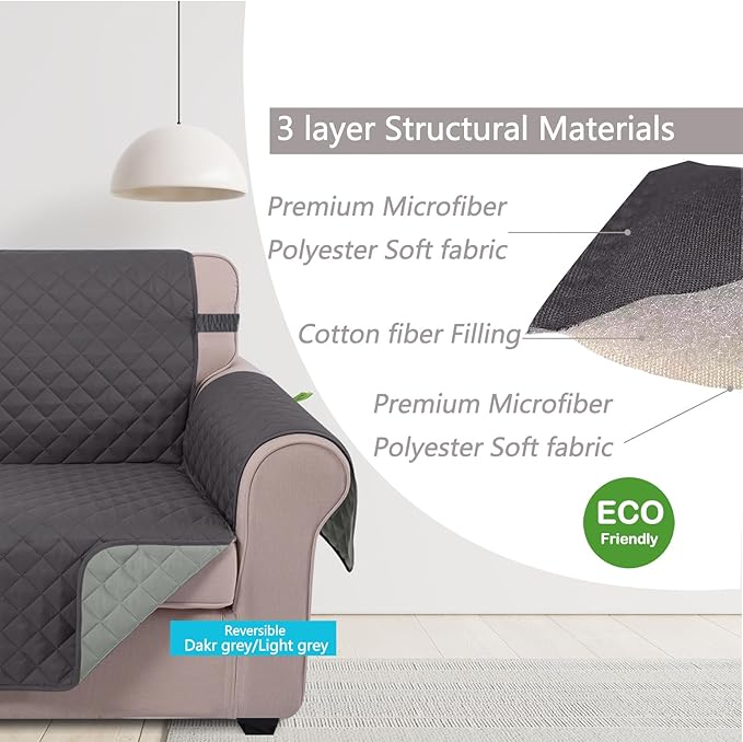 U-NICE HOME Recliner Chair Covers Reversible Chair Cover Pet Covers for Dogs with Elastic Straps Water Resistant Diamond Quilted (28''Recliner Oversized, Dark Grey/Light Grey)