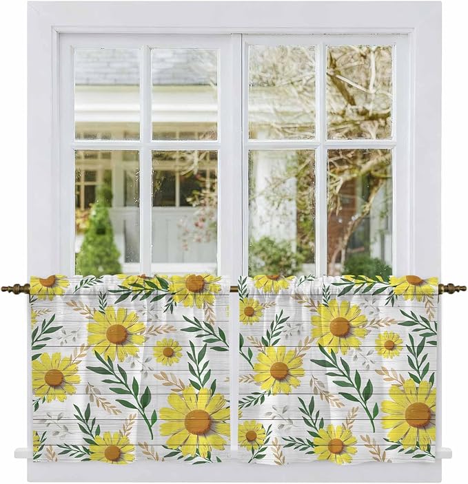 Yellow Daisy Tier Curtains, Farmhouse Country Flower Leaf Plant Wood Grain by Unknown