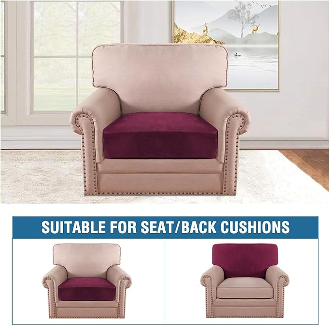 H.VERSAILTEX Velvet Stretch Couch Cushion Cover Plush Cushion Slipcover for Chair Cushion Furniture Protector Seat Cushion Sofa Cover (1 Piece Armchair Cushion Covers, Burgundy)
