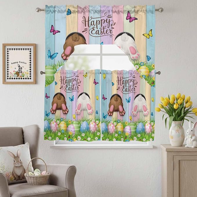 Swag Valance Curtains, Happy Easter Rabbit Butt Egg on Daisy Leaf Rod Pocket - Image 2
