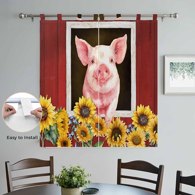 Pigs Sunflowers Bedroom Curtains 72 Inch Length, Window Curtains Tab Top - Image 4