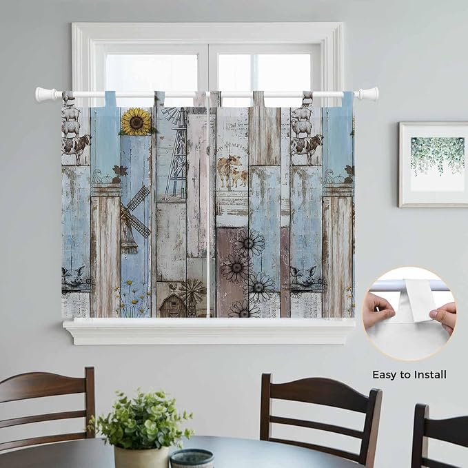 Blue Grey Wooden Kitchen Curtains 45 Inch Length, Short Cafe Window Curtains - Image 4