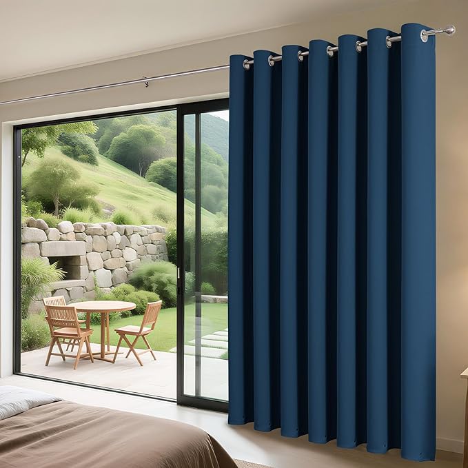 Joydeco Blackout Patio Sliding Door Curtains 90 Inches Long, Grommet Privacy Room Divider Curtains, Extra Wide Thermal Blackout Drapes for Bedroom Living Room (Navy Blue, 80Wx90L, 1 Panel)