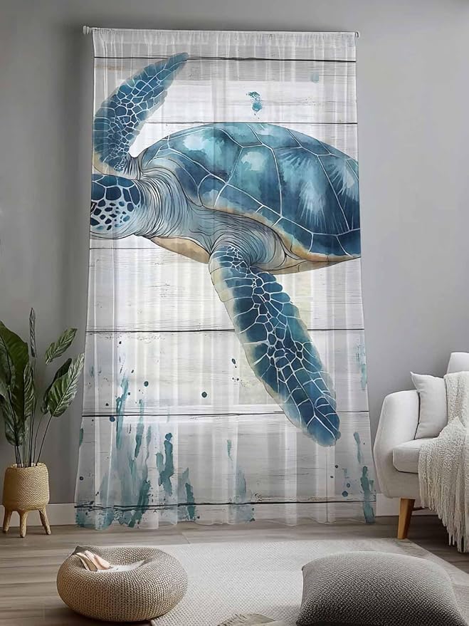 Sheer Curtains 84 Inches Long, Teal Green Ocean Turtle Semi Sheer Curtains - Image 2