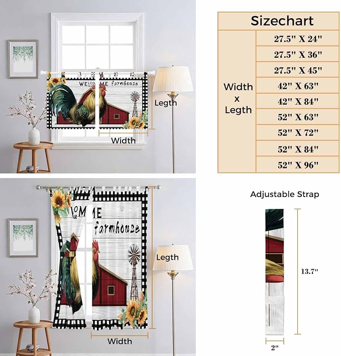 Farmhouse Rooster Bedroom Curtains 63 Inch Length, Window Curtains Tab Top - Image 8