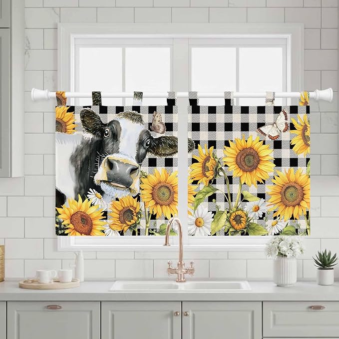 Retro Sunflowers Kitchen Curtains 24 Inch Length, Small Window Curtains Tab Top - Image 3