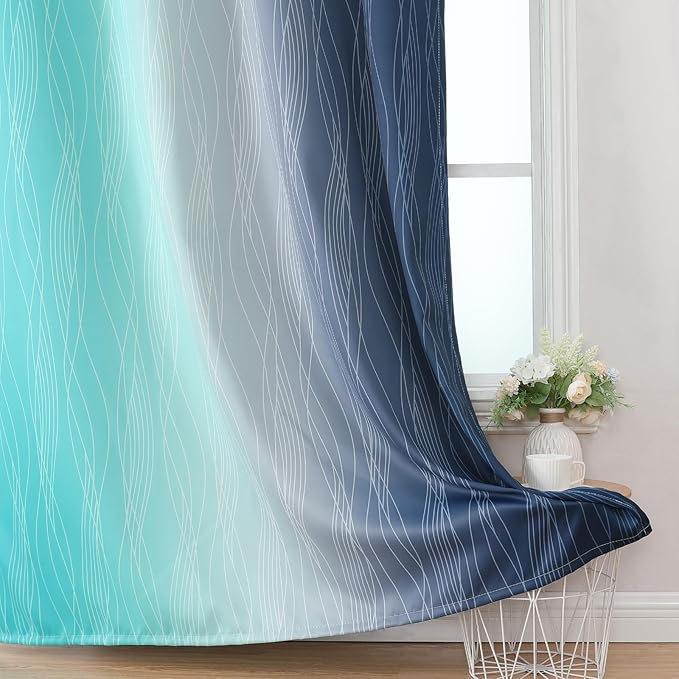 Estelar Textiler Teal and Navy Blue Blackout Curtains for Boys Bedroom, Full Room Darkening Grommet Ombre Curtains for Living Room, Thermal Insulated Light Blocking Gradient Drapes, 42Wx63L, 2 Panels