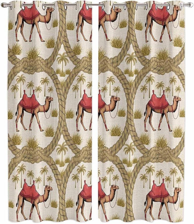 2 Panel Kitchen Cafe Curtains, Camels Palm Trees Sunlight Filtering Nature Air by Hokiten