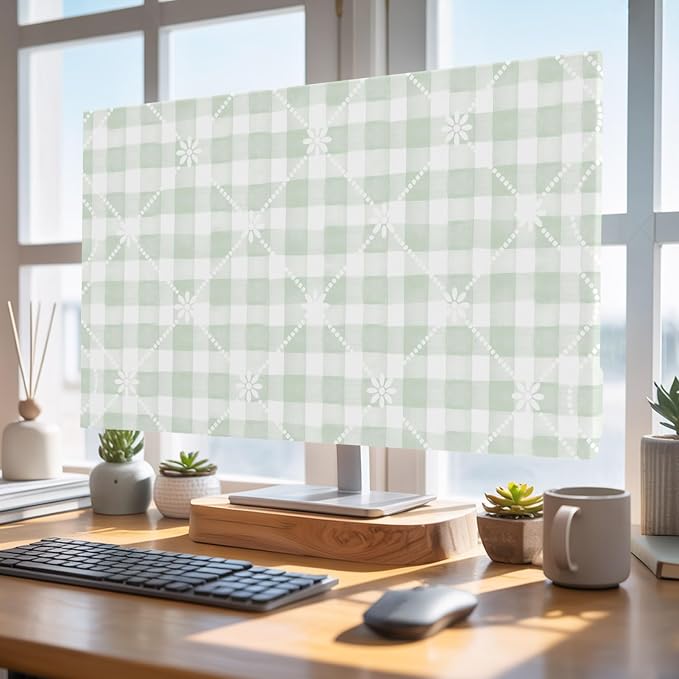 Sage Green Plaid White Lattice Flower Indoor TV Cover, Elastic TV Screen - Image 4