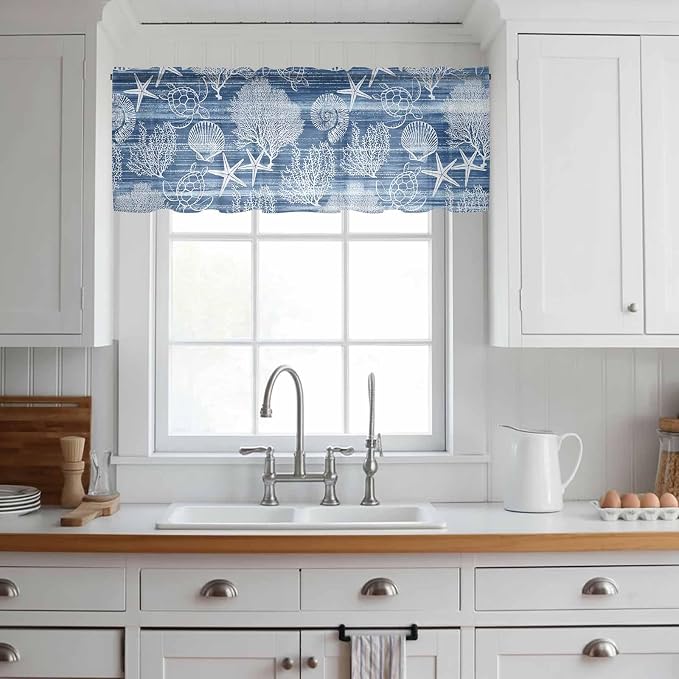 Navy Blue Retro Summer Sheer Valance Curtains, Sea Turtle Starfish Coral Ocean - Image 2