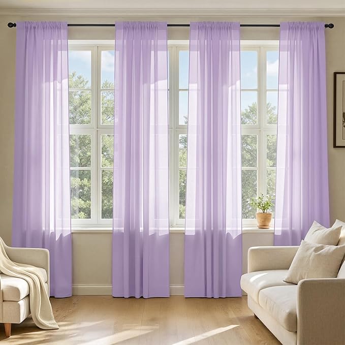 MIULEE Light Purple Sheer Curtains 72 Inches Long, 4 Panels Set, Lavender Light Filtering Rod Pocket Voile Drapes for Living Room and Bedroom, Airy Soft Fabric Window Treatments, 42 x 72 Inches