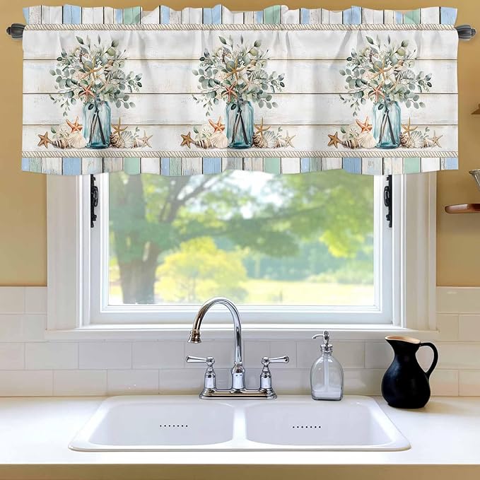 Kitchen Valances for Window, Ocean Starfish Conch Shell Eucalyptus Light - Image 8