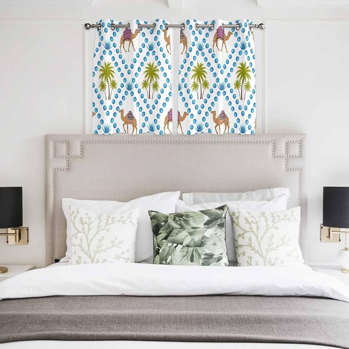 2 Panel Kitchen Cafe Curtains, Camels Palm Trees Sunlight Filtering Nature Air - Image 4
