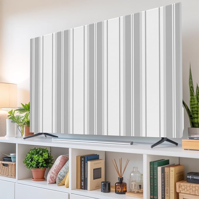 Minimalist Gray Stripes Indoor TV Cover, Elastic TV Screen Protector Modern - Image 6