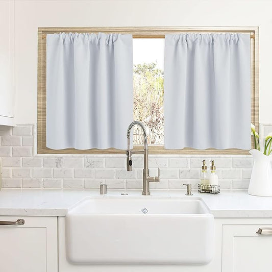 RYB HOME Cafe Curtains 24 inch Length, RV Curtains for Camper Windows, Mini Short Small Insulating Light UV Heat Blocking Privacy Half Window Tiers, Width 42 by Length 24, Greyish White, 2 Panels