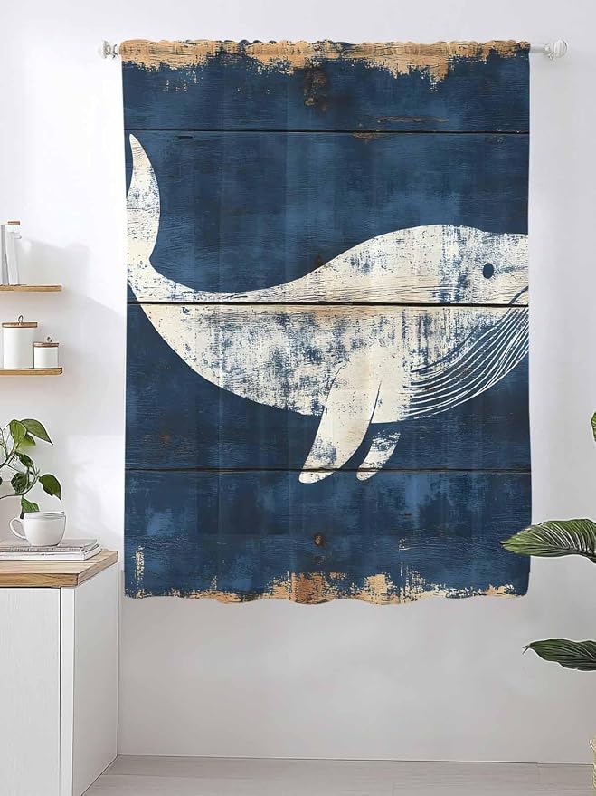 Sheer Curtains 63 Inch Length, Ocean Whale Blue Semi Sheer Curtains Light - Image 2