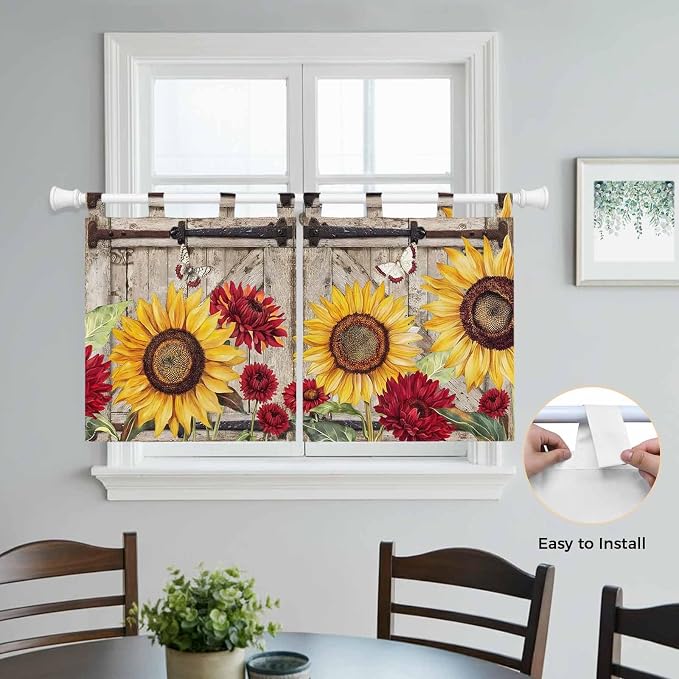 Sunflowers Kitchen Curtains 24 Inch Length, Small Window Curtains Tab Top - Image 4