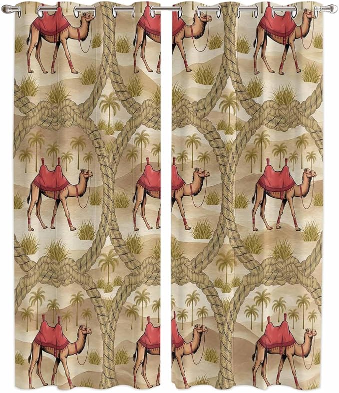 2 Panel Kitchen Cafe Curtains, Desert Camels Sunlight Filtering Nature Air by Hokiten