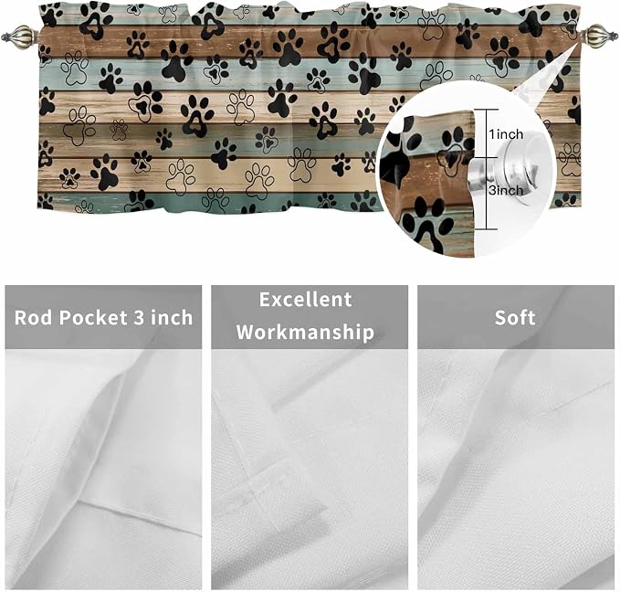 Dog Paws Valance Curtains for Kitchen, Teal Brown Wood Grain Privacy Rod Pocket - Image 9