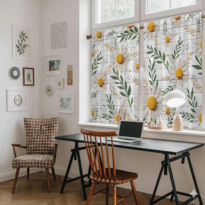 Spring Daisy Kitchen Curtains, Farmhouse Country Flower Leaf Plant Wood Grain - Image 6