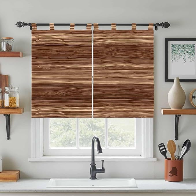 Brown Western Kitchen Curtains 45 Inch Length, Short Cafe Window Curtains Tab - Image 3