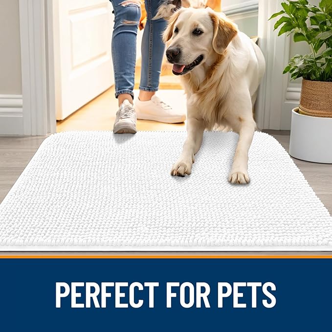 OLANLY Dog Door Mat for Muddy Paws 70x46, Absorbs Moisture and Dirt, Absorbent Non-Slip Washable Doormat, Quick Dry Chenille Mud Mat for Dogs, Entry Indoor Entryway Carpet for Inside Floor, White