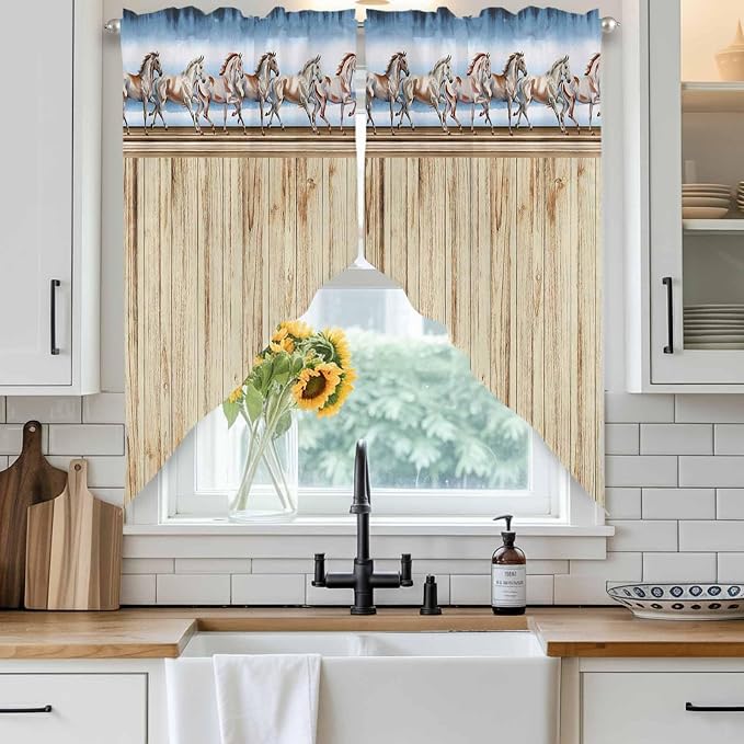 Western Horse Swag Valances for Windows, Farmhouse Wooden Grain Vintage Cowboy - Image 2