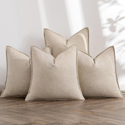 MIULEE Beige Linen Pillow Covers Pack of 4 Decorative Natural Solid Throw Pillow Covers Soft Accent Boho Farmhouse Couch Pillowcases Modern Spring Home Decors for Living Room Bed Sofa 20x20 Inch