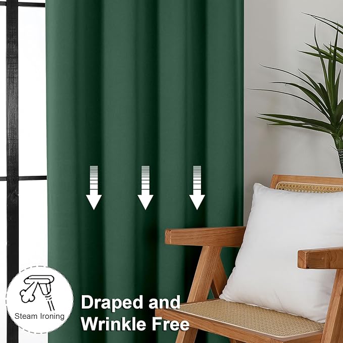 Simplebrand Ava Ever Green Blackout Curtains for Bedroom 90 Inches Long 2 Panels Set, Solid Privacy Energy Saving Living Room Window Treatment Curtains Blackout Drapes, W50 x L90 Inch, Ever Green