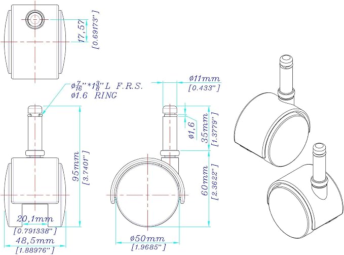 2" Wheel Diameter | Black Nylon Swivel Hooded Samson Twin Wheel Caster | 7/16" - Image 2