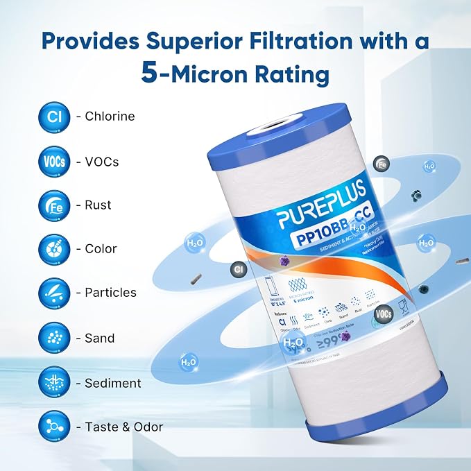 PUREPLUS 5 Micron 10" x 4.5" Whole House Sediment and Carbon Water Filter - Image 4