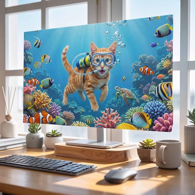 Ocean Diving Cat Coral Fish Indoor TV Cover, Elastic TV Screen Protector Funny - Image 4