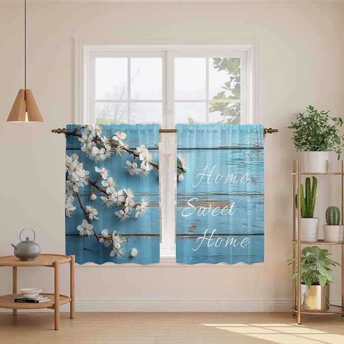 Farmhouse Wooden Grain Kitchen Curtains, Vintage Shabby Chic Flower Blue Light - Image 3
