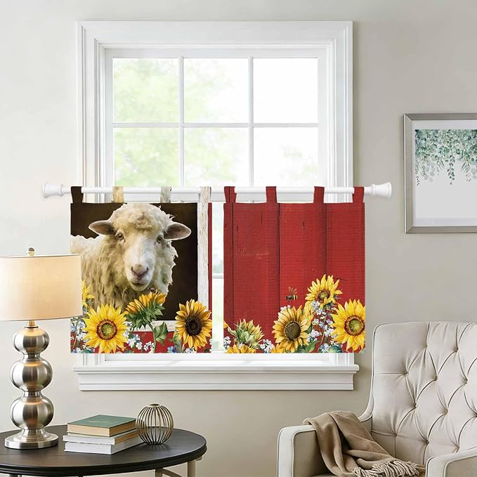 Sheep Flowers Kitchen Curtains 36 Inch Length, Small Window Curtains Tab Top - Image 2