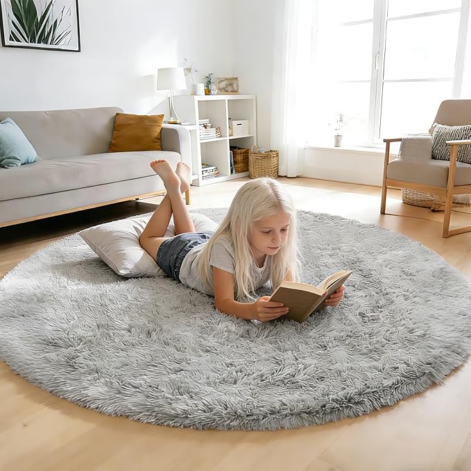 yulidayang Soft Round Area Rug for Kids Bedroom, Fluffy Fuzzy Shaggy Rug 4'X4'for Living Room, Non Slip Circle Plush Rug for Girls Room Nursery Dorm Decor,Light Grey