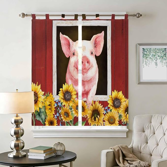 Pigs Sunflowers Bedroom Curtains 72 Inch Length, Window Curtains Tab Top - Image 2