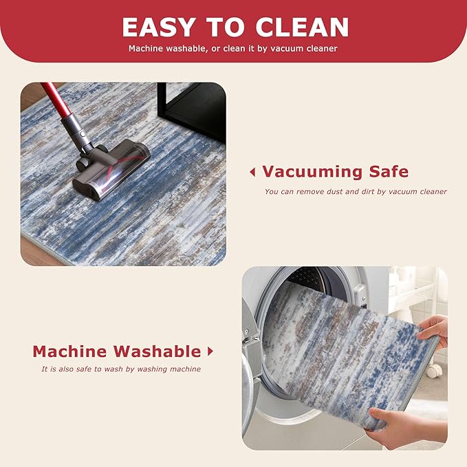 KOZYFLY Kitchen Runner Rug for Hallway Non-Slip Modern Abstract Runner Rug 2x5 Blue Rust, Washable Carpet Runner Laundry Room Mat with Soft Low Pile for Entryway Bathroom Bedroom Kitchen