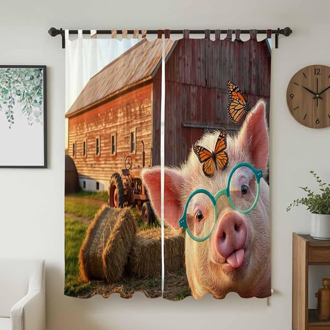Farm Pig Living Room Curtains 96 Inch Length, Window Curtains Tab Top, - Image 2