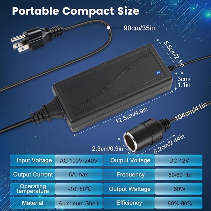 110V AC to DC 12V Converter 5A 60W, Cigarette Lighter Adapter to Wall Plug - Image 2