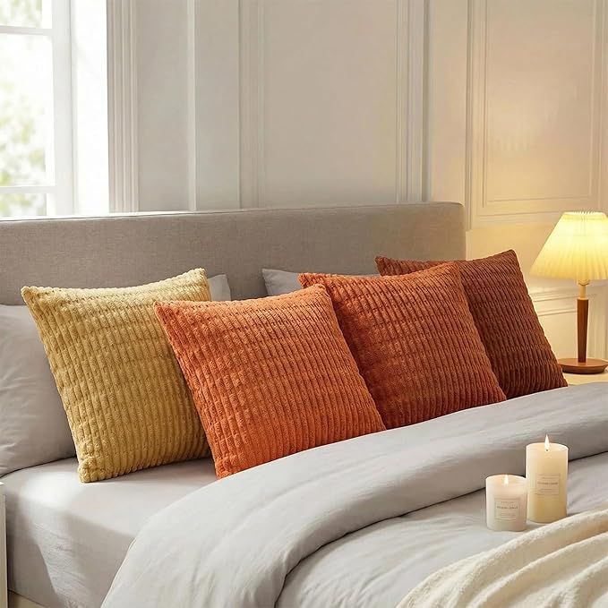 Fancy Homi Set of 4 Burnt Orange Fall Boho Decorative Throw Pillow Covers 22x22 Inch for Couch Bed Sofa, Aesthetic Modern Bohemian Room Decor, Soft Fuzzy Cozy Corduroy Textured Cushion Case 55x55cm