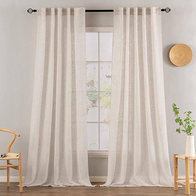 MIULEE Natural White Linen Curtains 94 Inch Length 2 Panels for Bedroom Living Room, Soft Thick Linen Textured Window Drapes Semi Sheer Light Filtering Back Tab Rod Pocket Burlap Look Decor