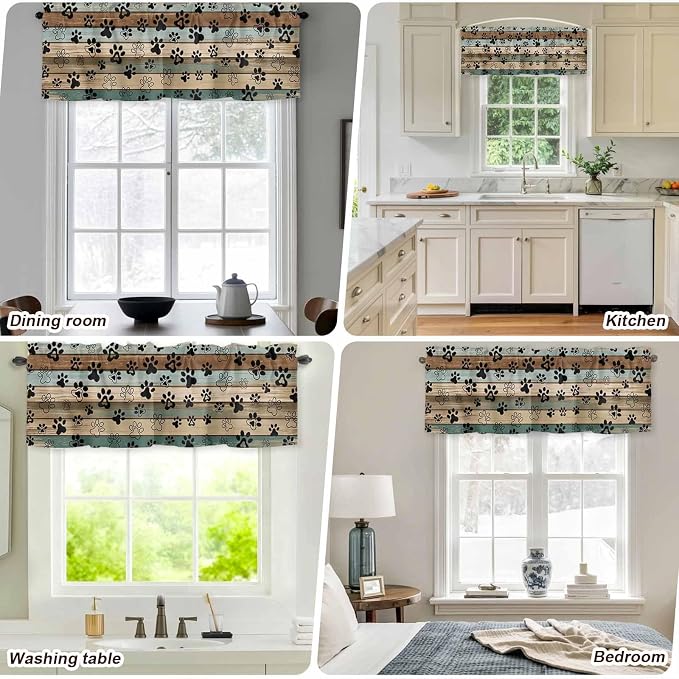 Dog Paws Valances for Windows, Teal Brown Wood Grain Kitchen Valance Light - Image 7