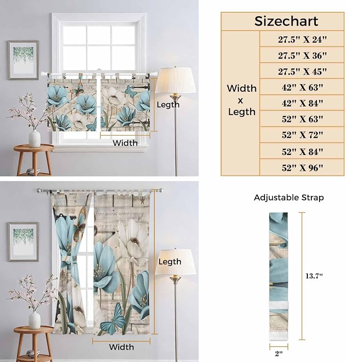 Teal Blue Tulips Bathroom Curtains 63 Inch Length, Window Curtains Tab Top - Image 8