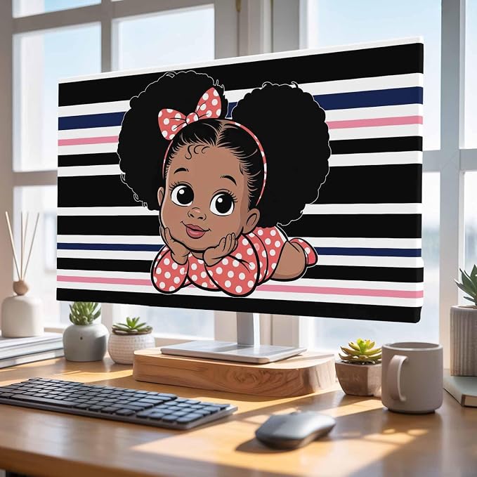 Cute Girl on Abstract Stripe Indoor TV Cover, Elastic TV Screen Protector Black - Image 4