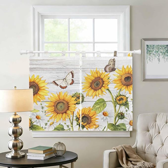 Yellow Sunflowers Kitchen Curtains 45 Inch Length, Short Cafe Window Curtains - Image 2