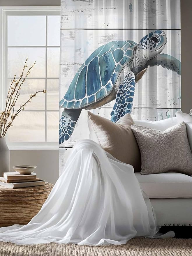 Sheer Curtains 72 Inches Long, Teal Green Sea Turtle Semi Sheer Curtains Light - Image 4