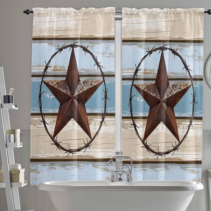Vintage Western Star on Wood Grain Window Valance Curtains, Retro Wooden by IDOWMAT