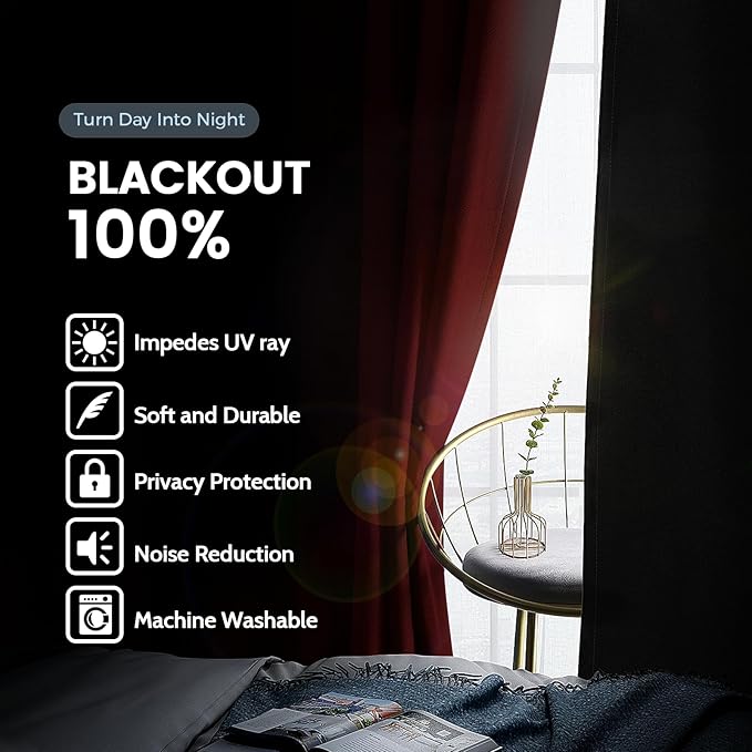 SimpleHome 100% Blackout Curtains for Bedroom,Thermal Insulated Burgundy Red Grommet Window Drapes Room Darkening Curtains for Living Room with Black Back,52 x 84 Inch,2 Panels